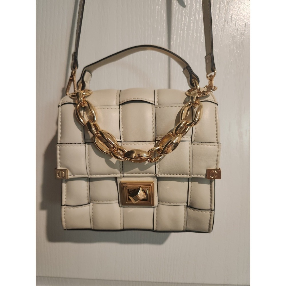 Aldo Palmata Top Handle Cream Gold Chain Faux Leather Basket Weave Cross Body